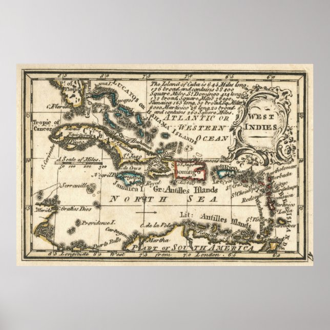 Affiche Carte vintage des Caraïbes (1758) (Devant)