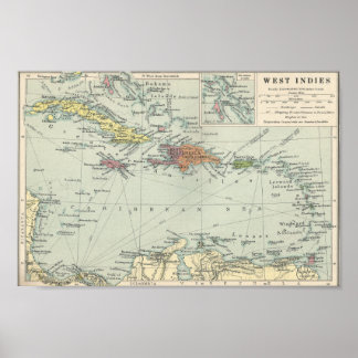 Affiche Carte vintage des Caraïbes et des Antilles