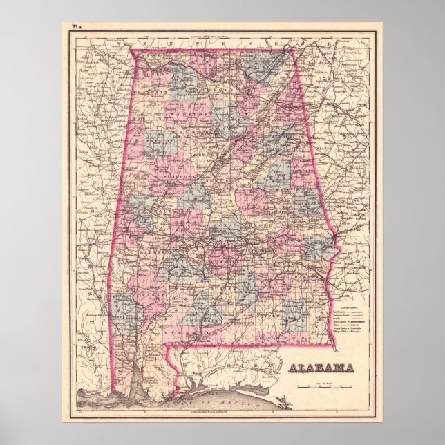 Affiche Carte vintage des comtés de l'Alabama (1876) (Devant)
