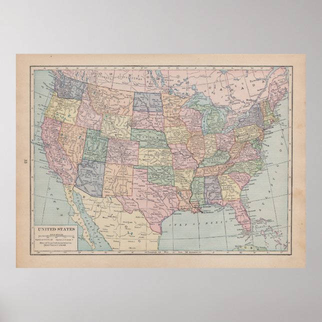 Affiche Carte vintage des États-Unis (Devant)