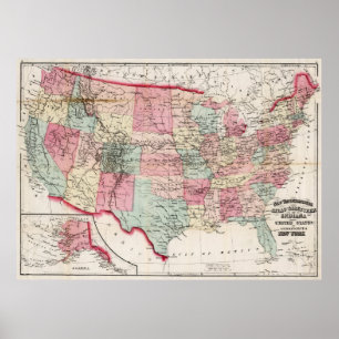 Affiche Carte vintage des États-Unis (1870)