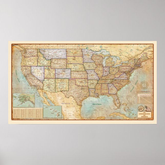 Affiche Carte vintage des États-Unis d'Amérique (Devant)