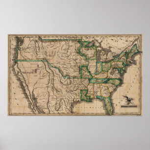 Affiche Carte vintage des États-Unis d'Amérique (1823)