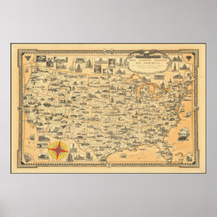 Affiche Carte vintage des Etats-Unis d'Amérique USA USA