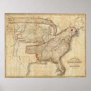 Affiche Carte vintage des Etats-Unis Eagle (1833)