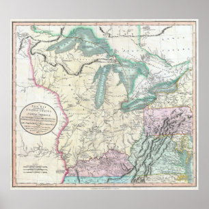 Affiche Carte vintage des Grands Lacs et du Midwest (1801)