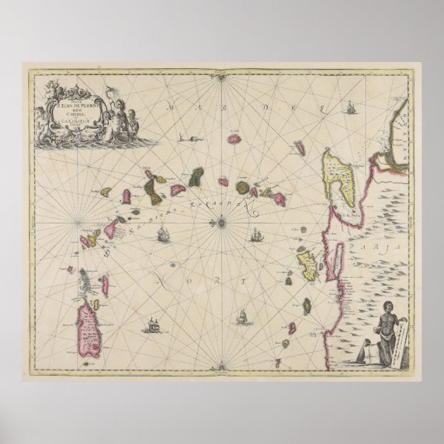 Affiche Carte vintage des îles des Caraïbes (1700) (Devant)