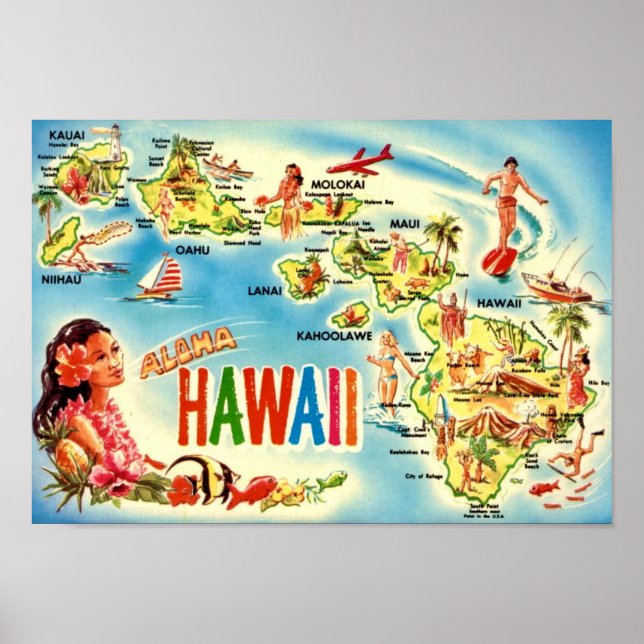 Affiche Carte vintage des îles hawaïennes (Devant)
