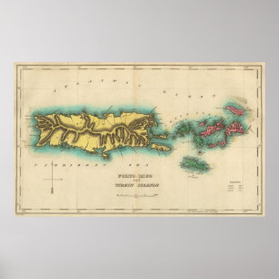 Affiche Carte vintage des îles Porto Rico et Vierges (1822