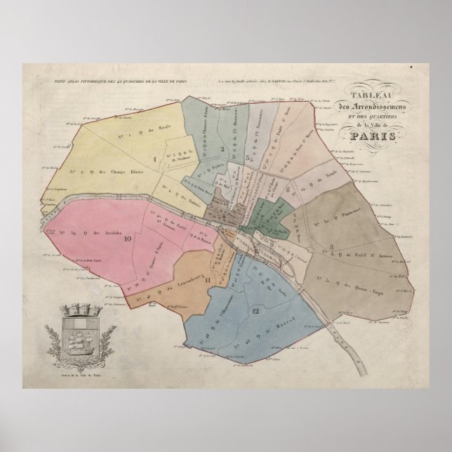 Affiche Carte vintage des quartiers de Paris (1836) (Devant)
