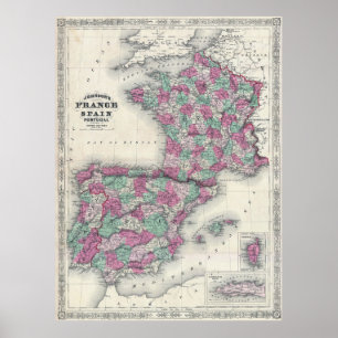 Affiche Carte vintage d'Espagne et de France (1865)