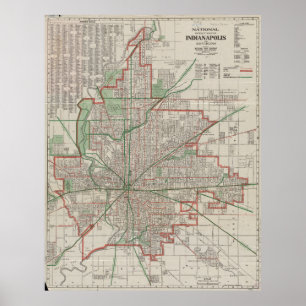 Affiche Carte vintage d'Indianapolis Indiana (1921)