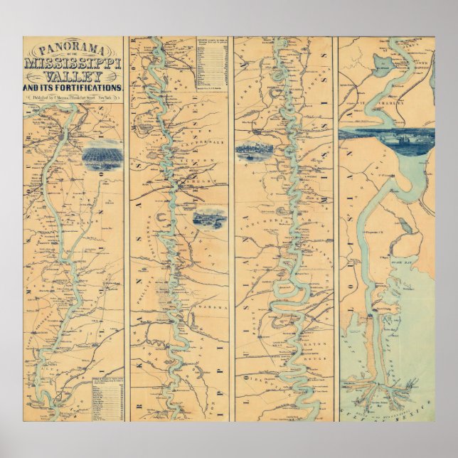 Affiche Carte vintage du fleuve Mississippi (1863) (Devant)