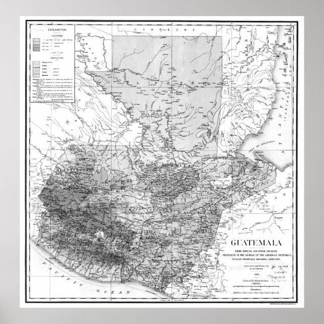 Affiche Carte vintage du Guatemala (1902) BW (Devant)