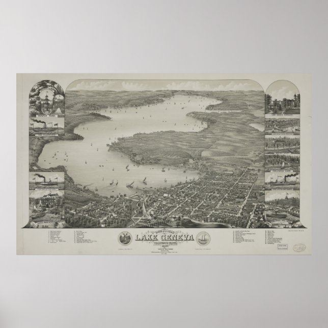 Affiche Carte vintage du lac Léman WI (1882) (Devant)