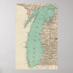 Affiche Carte vintage du lac Michigan (1888)