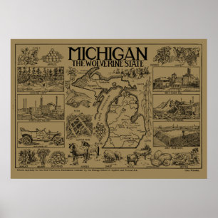 Affiche Carte vintage du Michigan (1912) - Tan