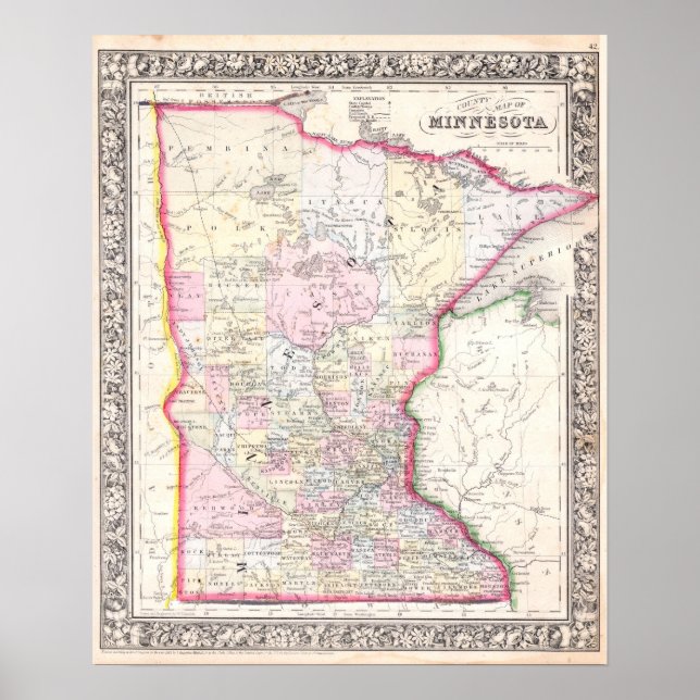 Affiche Carte vintage du Minnesota, 1864 (Devant)
