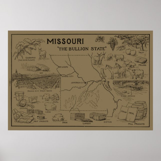 Affiche Carte vintage du Missouri (1912) - Tan (Devant)
