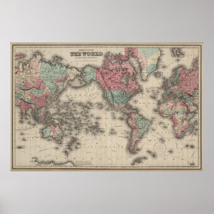 Affiche Carte vintage du monde (1869)