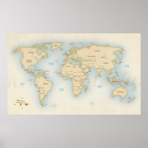 Affiche Carte vintage du monde avec des pays