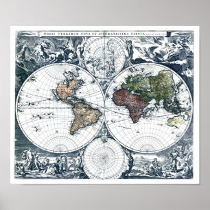 Affiche Carte vintage du monde Nicolao Visscher 1658