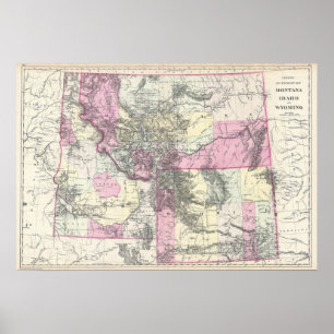 Affiche Carte vintage du Montana, Wyoming et Idaho (1884)
