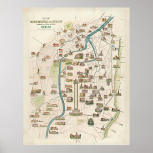 Affiche Carte Vintage du monument allemand de Berlin (1856