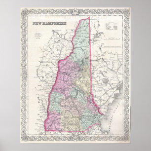 Affiche Carte vintage du New Hampshire (1855)