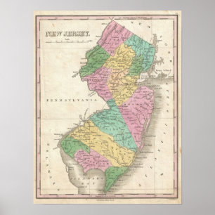 Affiche Carte vintage du New Jersey (1827)