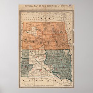Affiche Carte vintage du nord et du Dakota du Sud (1886)
