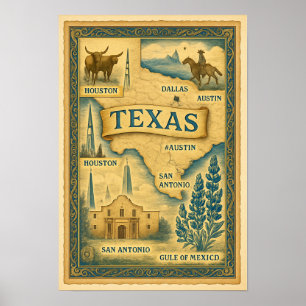 Affiche Carte vintage du Texas, 1885