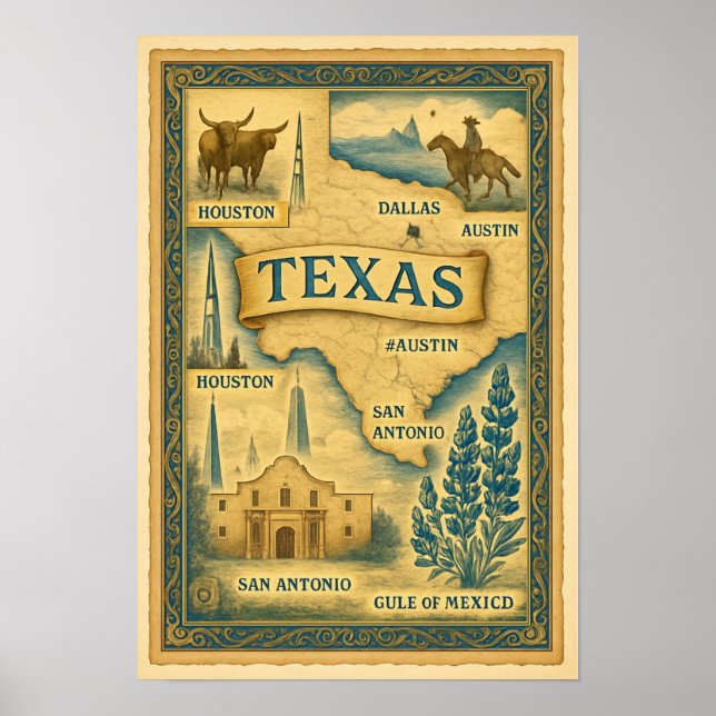 Affiche Carte vintage du Texas, 1885 (Devant)
