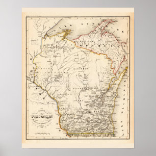 Affiche Carte vintage du Wisconsin 1852