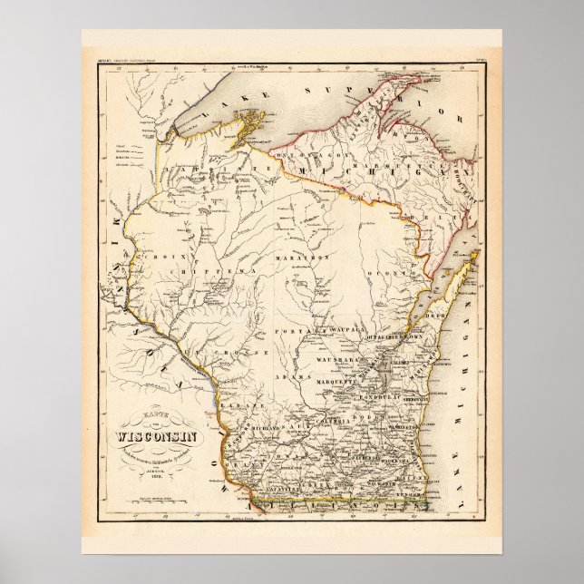 Affiche Carte vintage du Wisconsin 1852 (Devant)