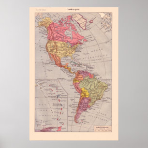 Affiche Carte vintage française, 1920, Les Amériques