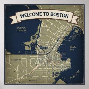 Affiche Carte vintage historique de Boston, Bienvenue à Bo
