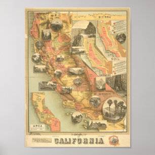 Affiche Carte vintage illustrée de Californie