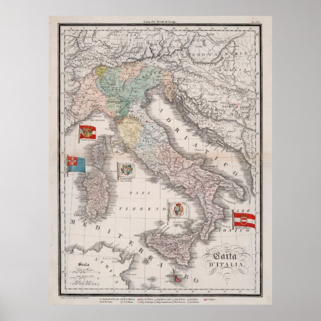 Affiche Carte vintage Italie avec drapeaux (1842) (Devant)