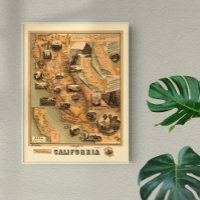 Carte vintage unique restaurée de Californie, 1885