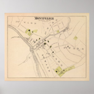 Affiche Carte VT Old Montpelier (1876) Capitale du Vermont
