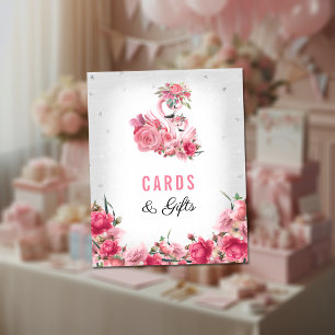 Affiche Cartes Cadeaux Baby shower Argent Flamant rose Bal