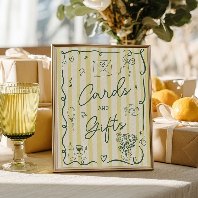 Affiche Cartes cadeaux dessinées à la main vert citron rét (Retro citrus green hand drawn cards gift wedding poster)