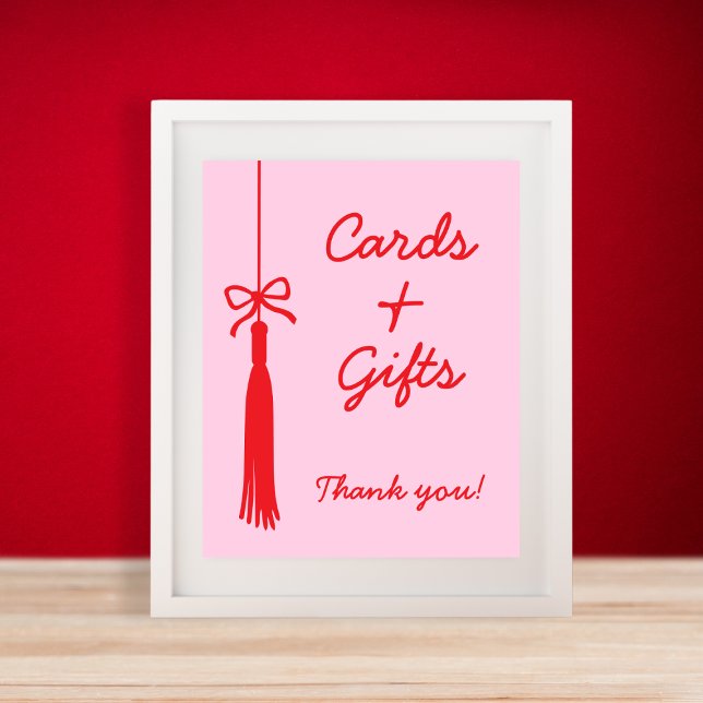 Affiche Cartes & Cadeaux Tassel Bow rose rouge signe de gr (Cards & Gifts Tassel Bow Pink Red Graduation Sign)