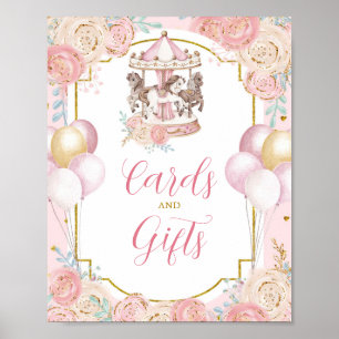Affiche Cartes de carrousel rose et or et signe cadeau