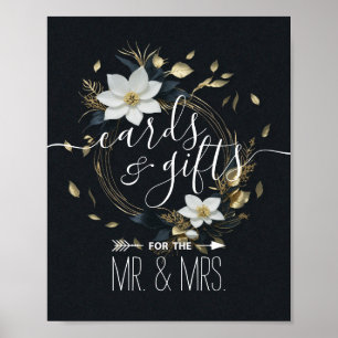 Affiche Cartes de couronnes florales en or noir Mariage