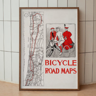 Affiche Cartes de la route des vélos. Vintage rouge rétro 