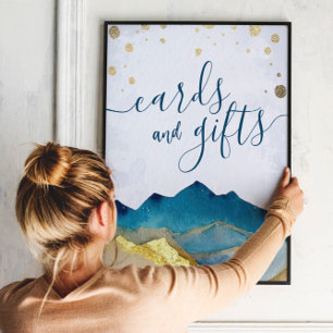 Affiche Cartes de mariage cadeaux Aquarelle Blue Gold Moun
