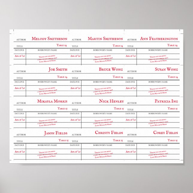Affiche Cartes de numéro de table de bibliothèque personna (Devant)