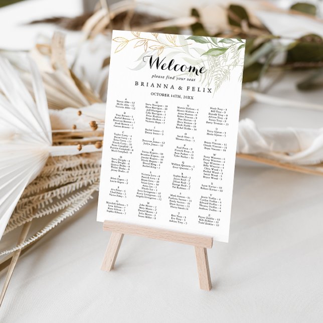 Affiche Cartes de siège Alphabétique Gold Green Foliage (Créateur téléchargé)